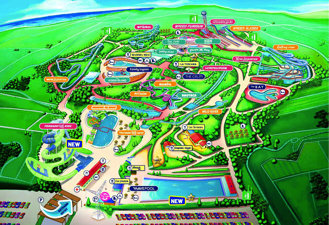 Mapa interactiu de Water World amb atraccions, restaurants i serveis del parc aquàtic.